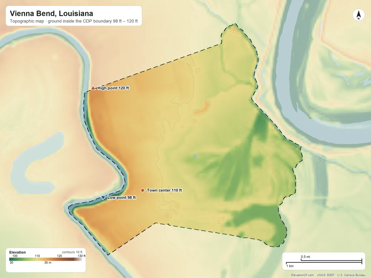 Topographic elevation map of Vienna Bend, Louisiana, shaded from 98 ft on the west side to 120 ft on the northwest side