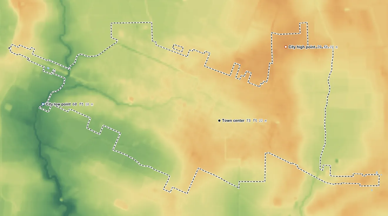 Topographic elevation map of Ville Platte, Louisiana, shaded from 60 ft on the west side to 79 ft on the northeast side