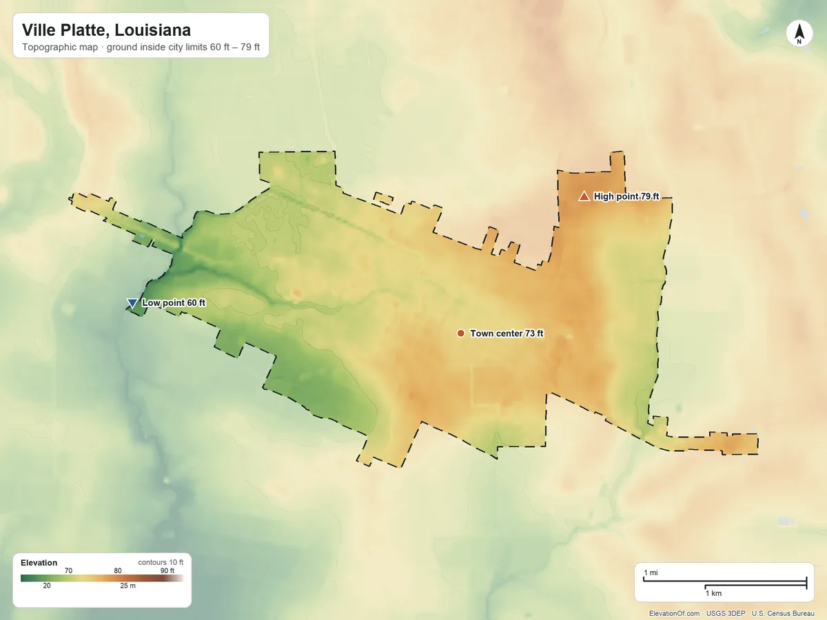 Topographic elevation map of Ville Platte, Louisiana, shaded from 60 ft on the west side to 79 ft on the northeast side