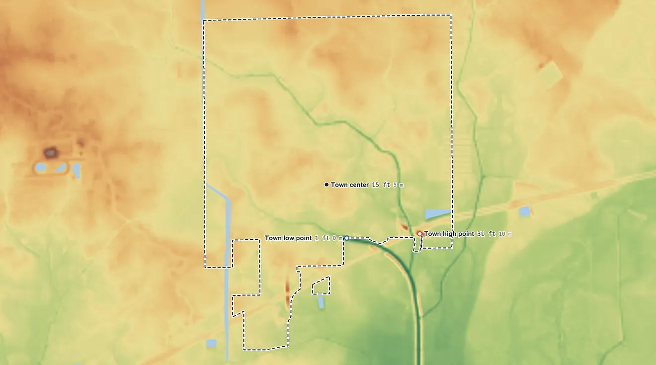 Topographic elevation map of Vinton, Louisiana, shaded from 1 ft on the south side to 31 ft on the southeast side
