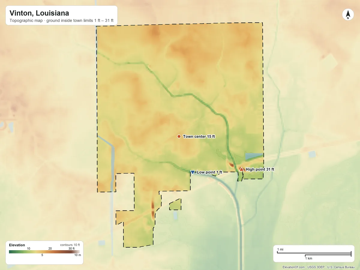 Topographic elevation map of Vinton, Louisiana, shaded from 1 ft on the south side to 31 ft on the southeast side