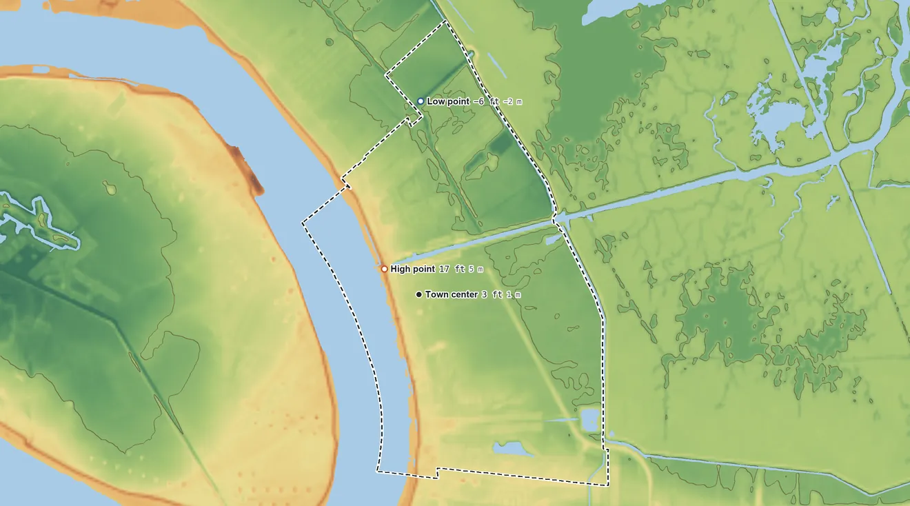 Topographic elevation map of Violet, Louisiana, shaded from −6 ft on the north side to 17 ft near the middle