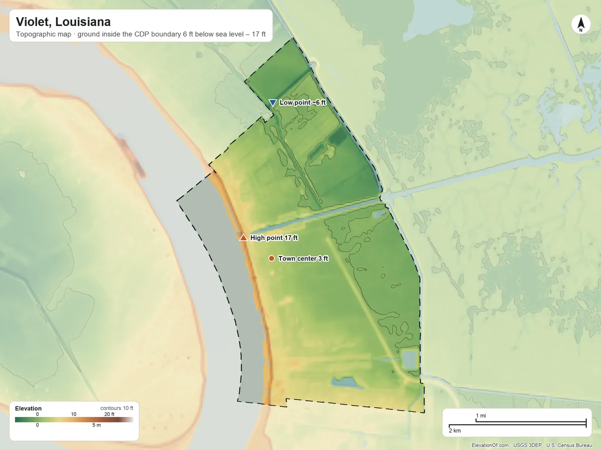 Topographic elevation map of Violet, Louisiana, shaded from −6 ft on the north side to 17 ft near the middle