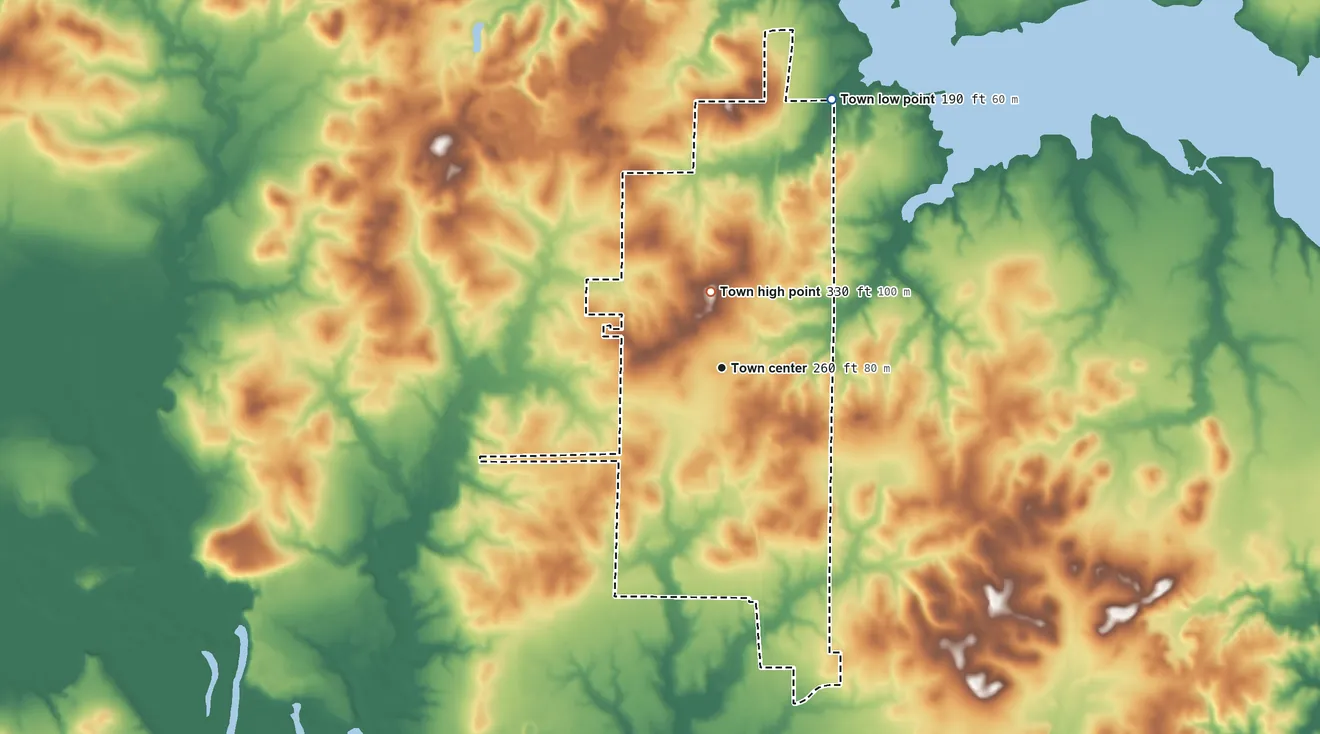 Topographic elevation map of Vivian, Louisiana, shaded from 190 ft on the north side to 330 ft on the north side