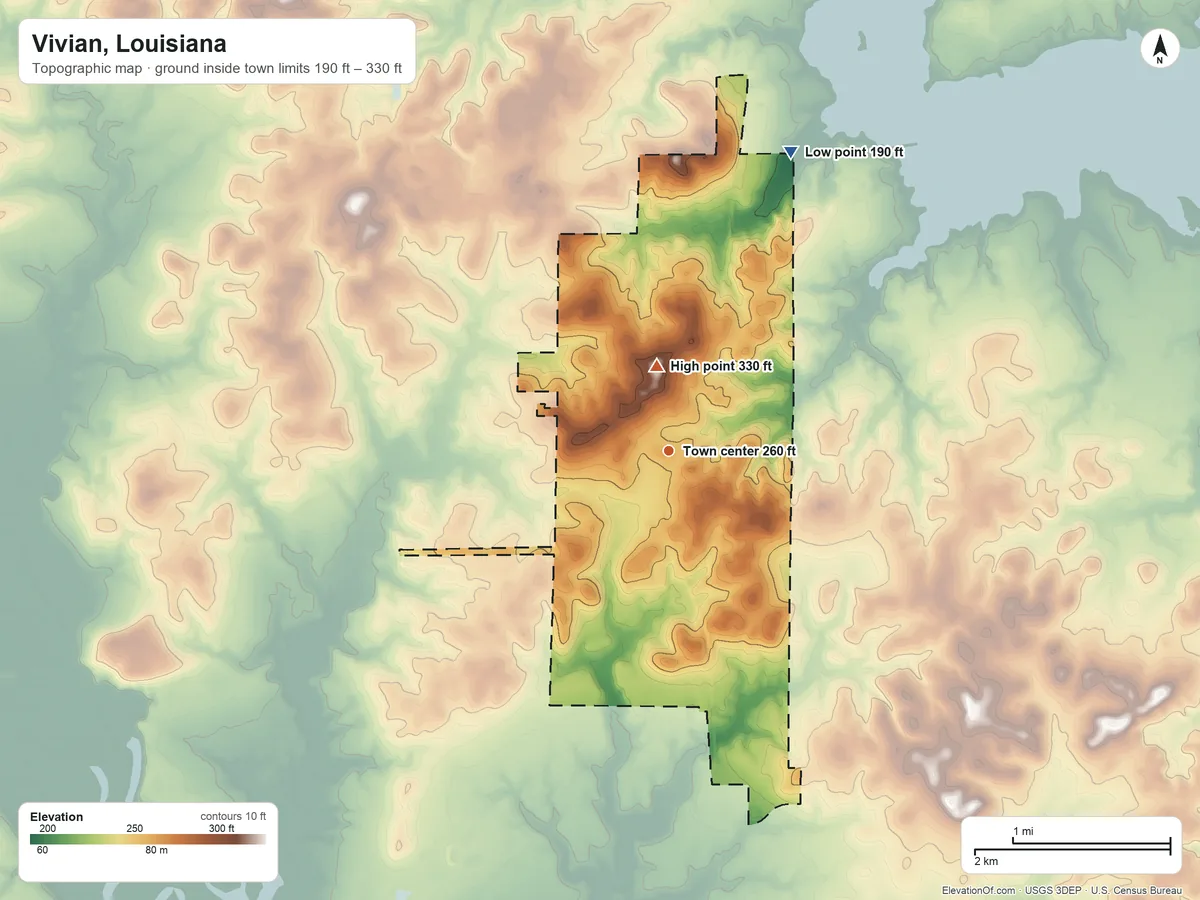 Topographic elevation map of Vivian, Louisiana, shaded from 190 ft on the north side to 330 ft on the north side