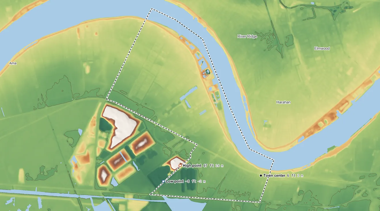 Topographic elevation map of Waggaman, Louisiana, shaded from −8 ft on the west side to 47 ft on the west side
