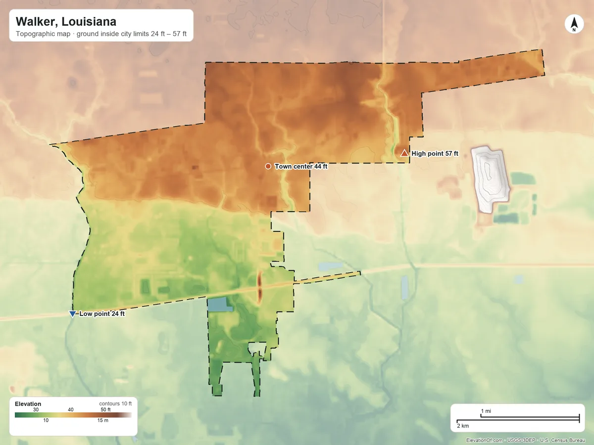 Topographic elevation map of Walker, Louisiana, shaded from 24 ft on the southwest side to 57 ft on the east side