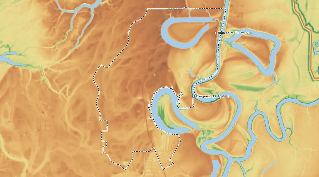 Topographic elevation map of Wallace Ridge, Louisiana, shaded from 33 ft on the east side to 73 ft on the northeast side