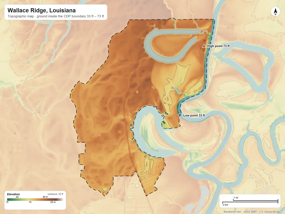 Topographic elevation map of Wallace Ridge, Louisiana, shaded from 33 ft on the east side to 73 ft on the northeast side