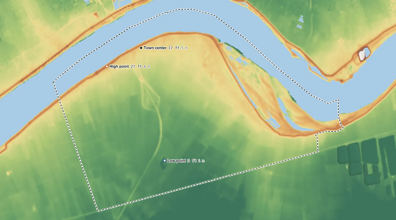 Topographic elevation map of Wallace, Louisiana, shaded from 3 ft on the south side to 27 ft on the southwest side