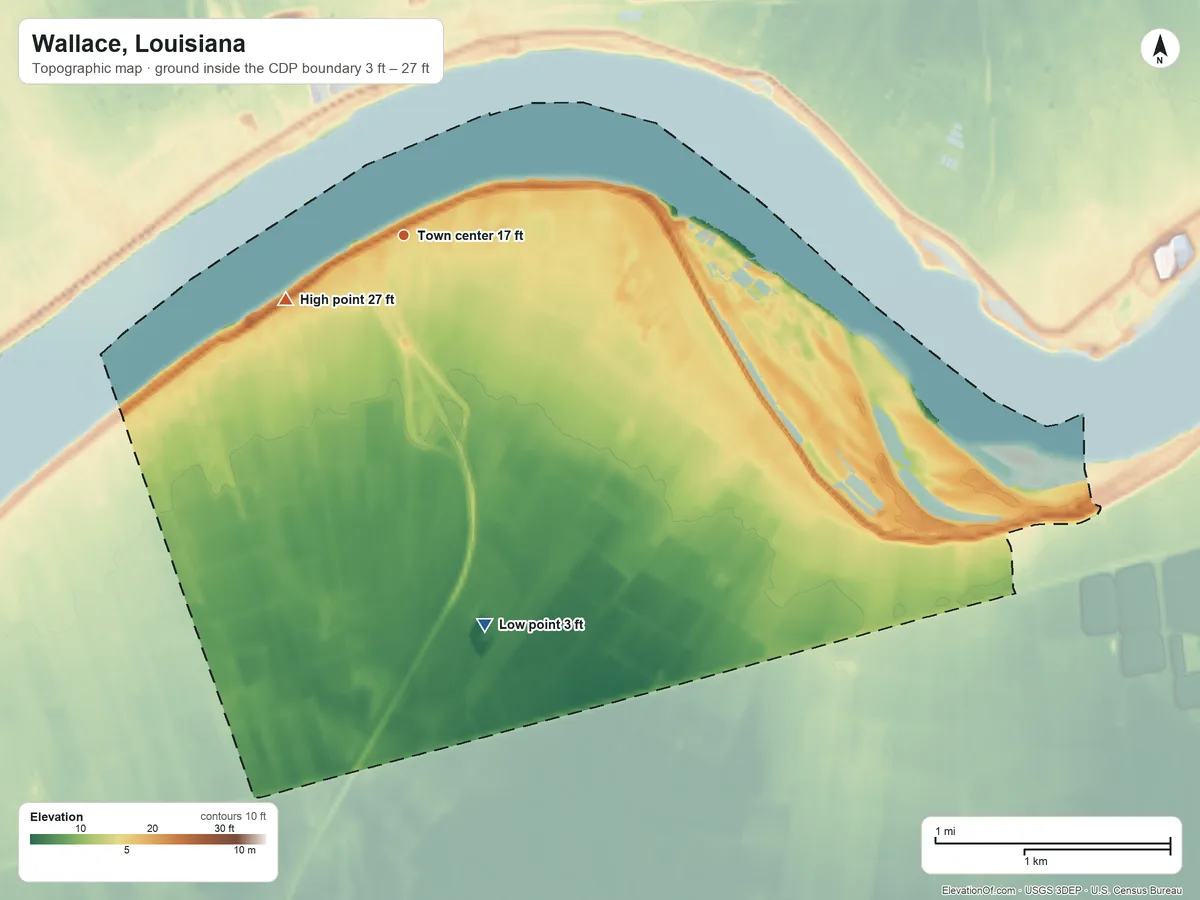 Topographic elevation map of Wallace, Louisiana, shaded from 3 ft on the south side to 27 ft on the southwest side