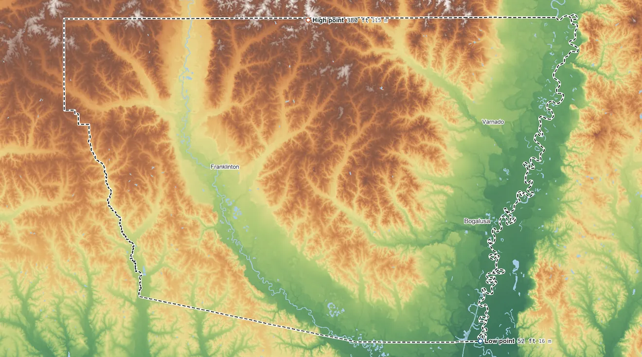 Topographic elevation map of Washington Parish, Louisiana, shaded from 52 ft on the southeast side to 380 ft on the north side