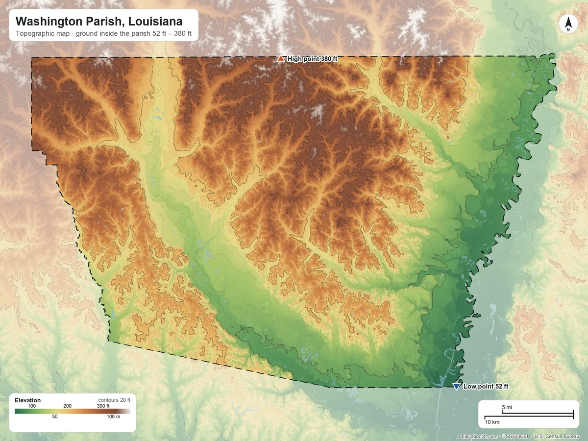 Topographic elevation map of Washington Parish, Louisiana, shaded from 52 ft on the southeast side to 380 ft on the north side