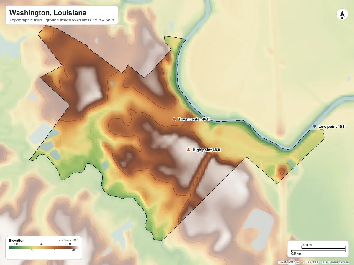 Topographic elevation map of Washington, Louisiana, shaded from 15 ft on the east side to 68 ft near the middle