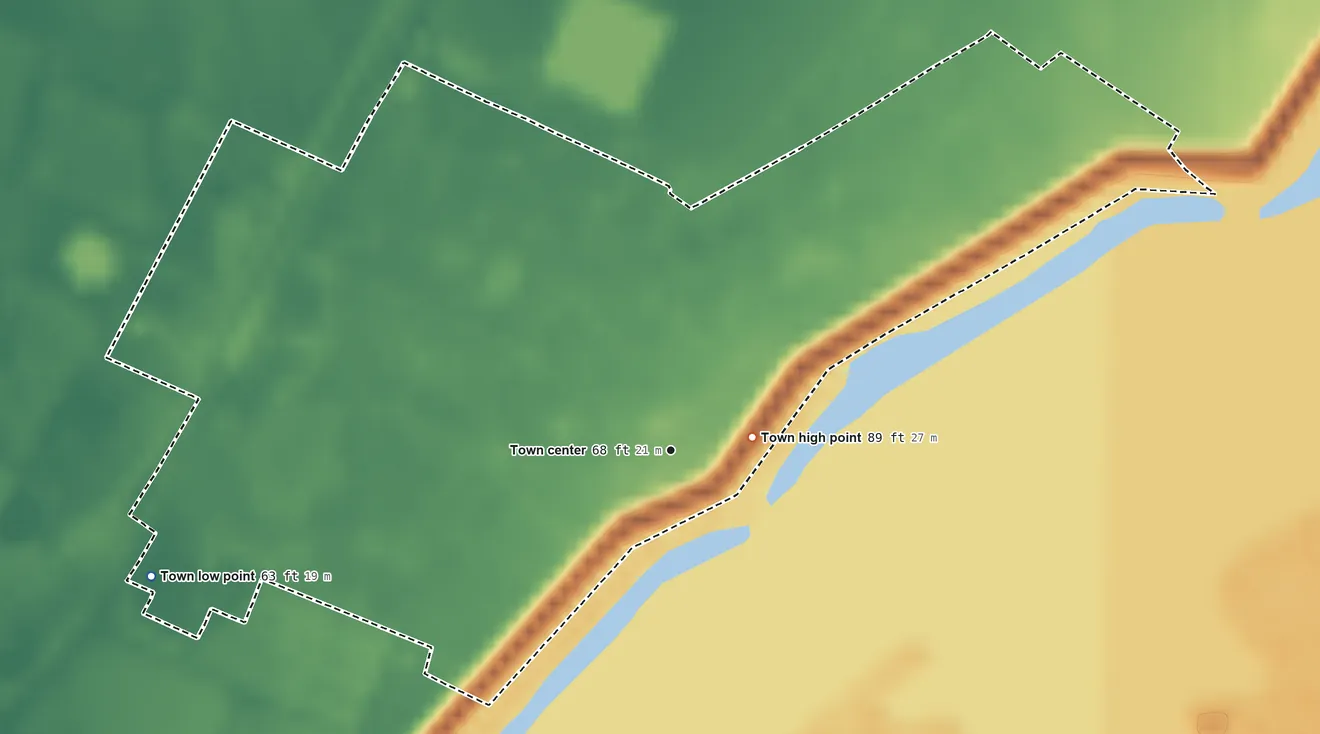 Topographic elevation map of Waterproof, Louisiana, shaded from 63 ft on the west side to 89 ft near the middle