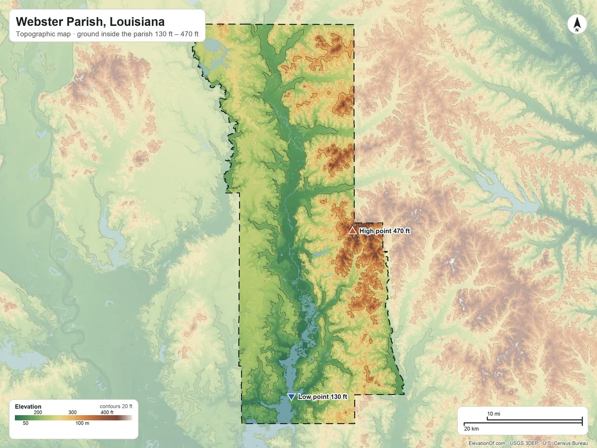 Topographic elevation map of Webster Parish, Louisiana, shaded from 130 ft on the south side to 470 ft on the east side
