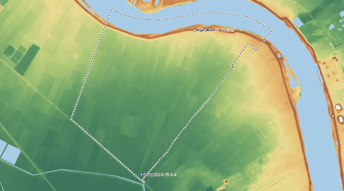 Topographic elevation map of Welcome, Louisiana, shaded from 3 ft on the southwest side to 31 ft near the middle