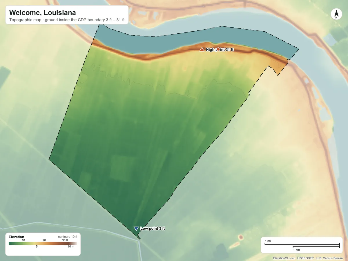 Topographic elevation map of Welcome, Louisiana, shaded from 3 ft on the southwest side to 31 ft near the middle
