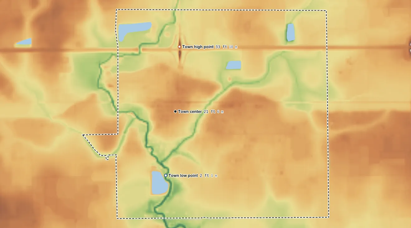 Topographic elevation map of Welsh, Louisiana, shaded from 2 ft on the south side to 33 ft on the north side