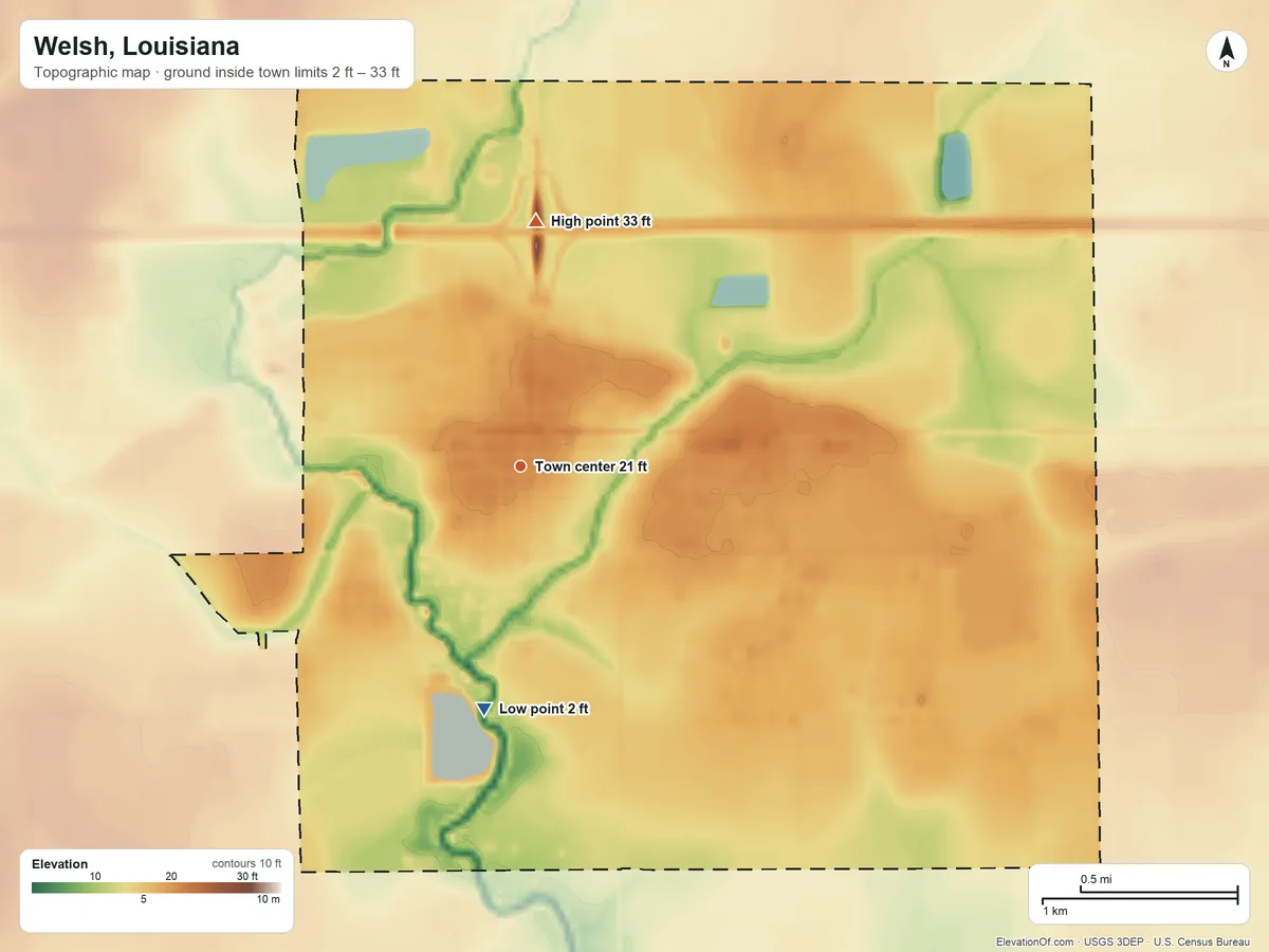 Topographic elevation map of Welsh, Louisiana, shaded from 2 ft on the south side to 33 ft on the north side