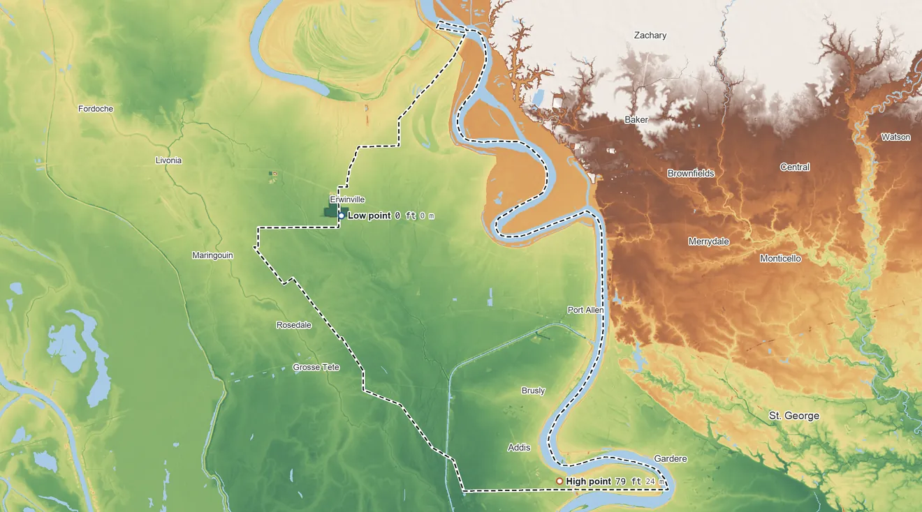 Topographic elevation map of West Baton Rouge Parish, Louisiana, shaded from 0 ft on the west side to 79 ft on the southeast side