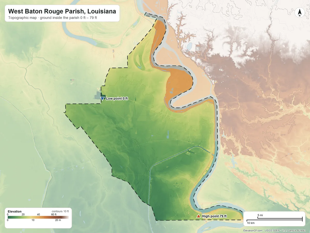 Topographic elevation map of West Baton Rouge Parish, Louisiana, shaded from 0 ft on the west side to 79 ft on the southeast side