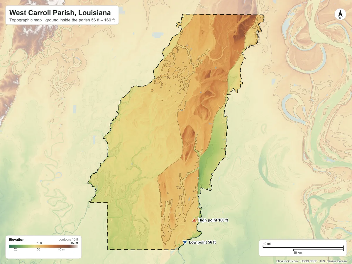 Topographic elevation map of West Carroll Parish, Louisiana, shaded from 56 ft on the south side to 160 ft on the south side