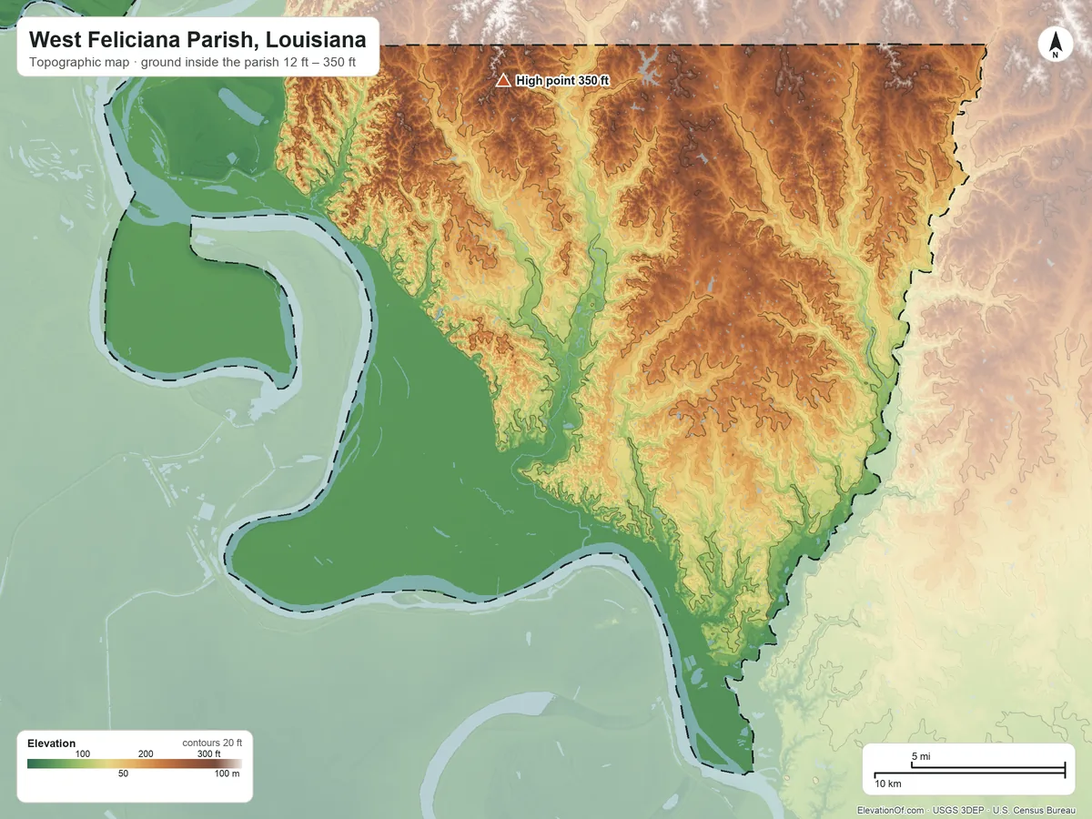 Topographic elevation map of West Feliciana Parish, Louisiana, shaded from 12 ft on the northwest side to 350 ft on the north side
