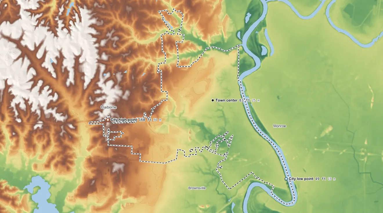 Topographic elevation map of West Monroe, Louisiana, shaded from 49 ft on the southeast side to 160 ft on the west side