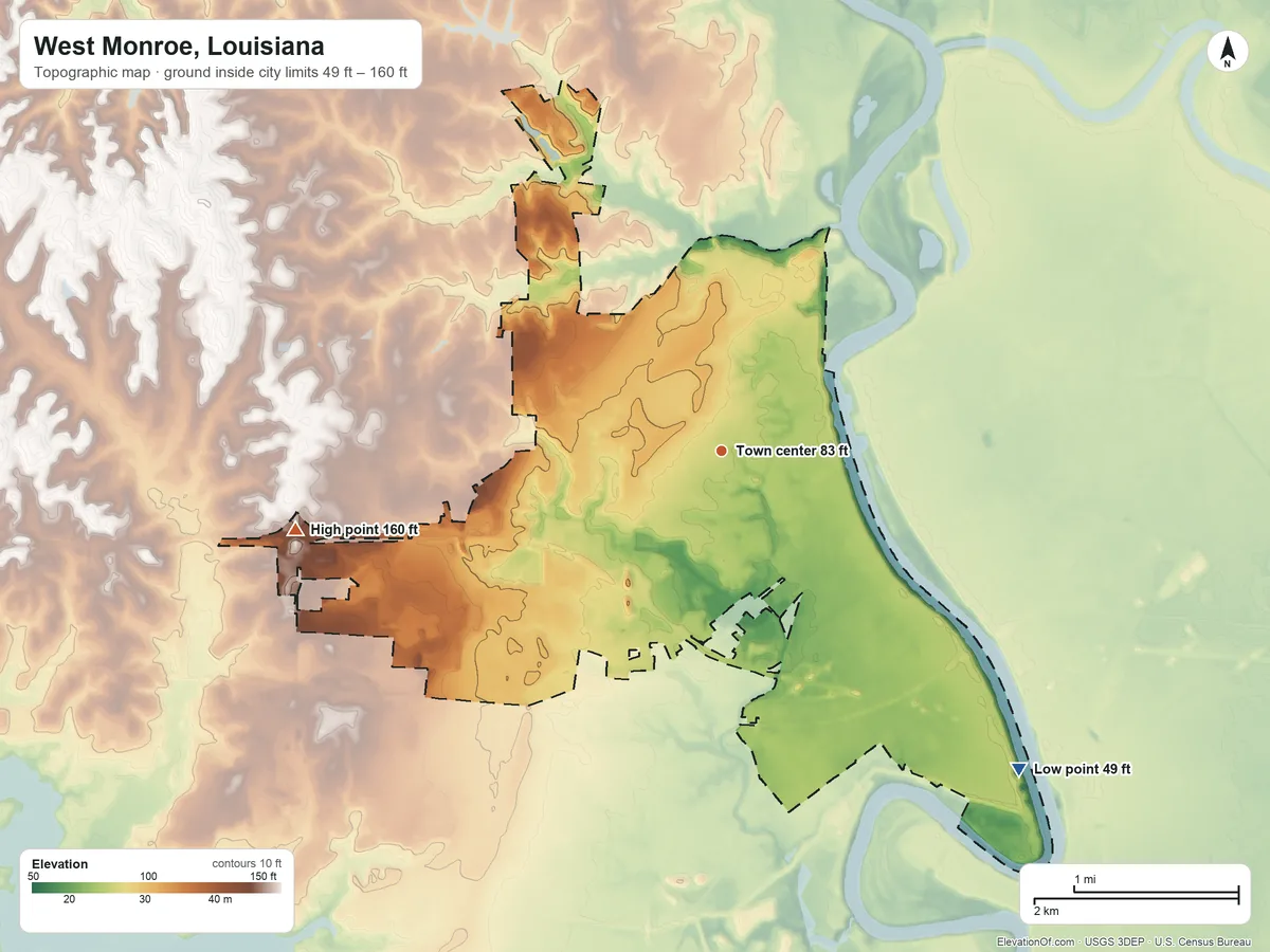 Topographic elevation map of West Monroe, Louisiana, shaded from 49 ft on the southeast side to 160 ft on the west side