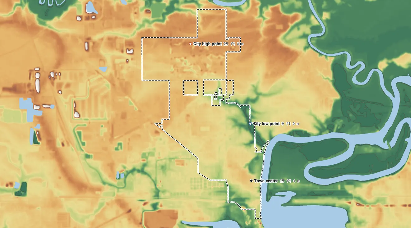 Topographic elevation map of Westlake, Louisiana, shaded from 0 ft on the north side to 25 ft on the northwest side