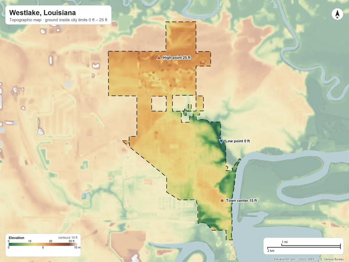 Topographic elevation map of Westlake, Louisiana, shaded from 0 ft on the north side to 25 ft on the northwest side