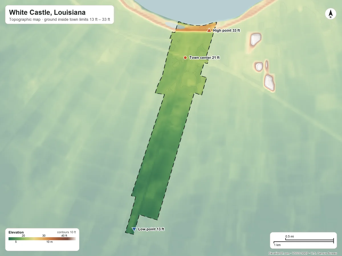 Topographic elevation map of White Castle, Louisiana, shaded from 13 ft on the south side to 33 ft on the northeast side