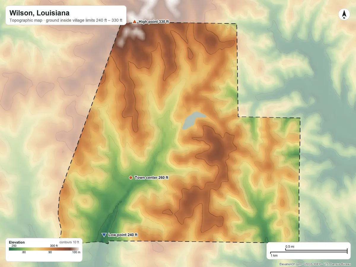 Topographic elevation map of Wilson, Louisiana, shaded from 240 ft on the southwest side to 330 ft on the north side