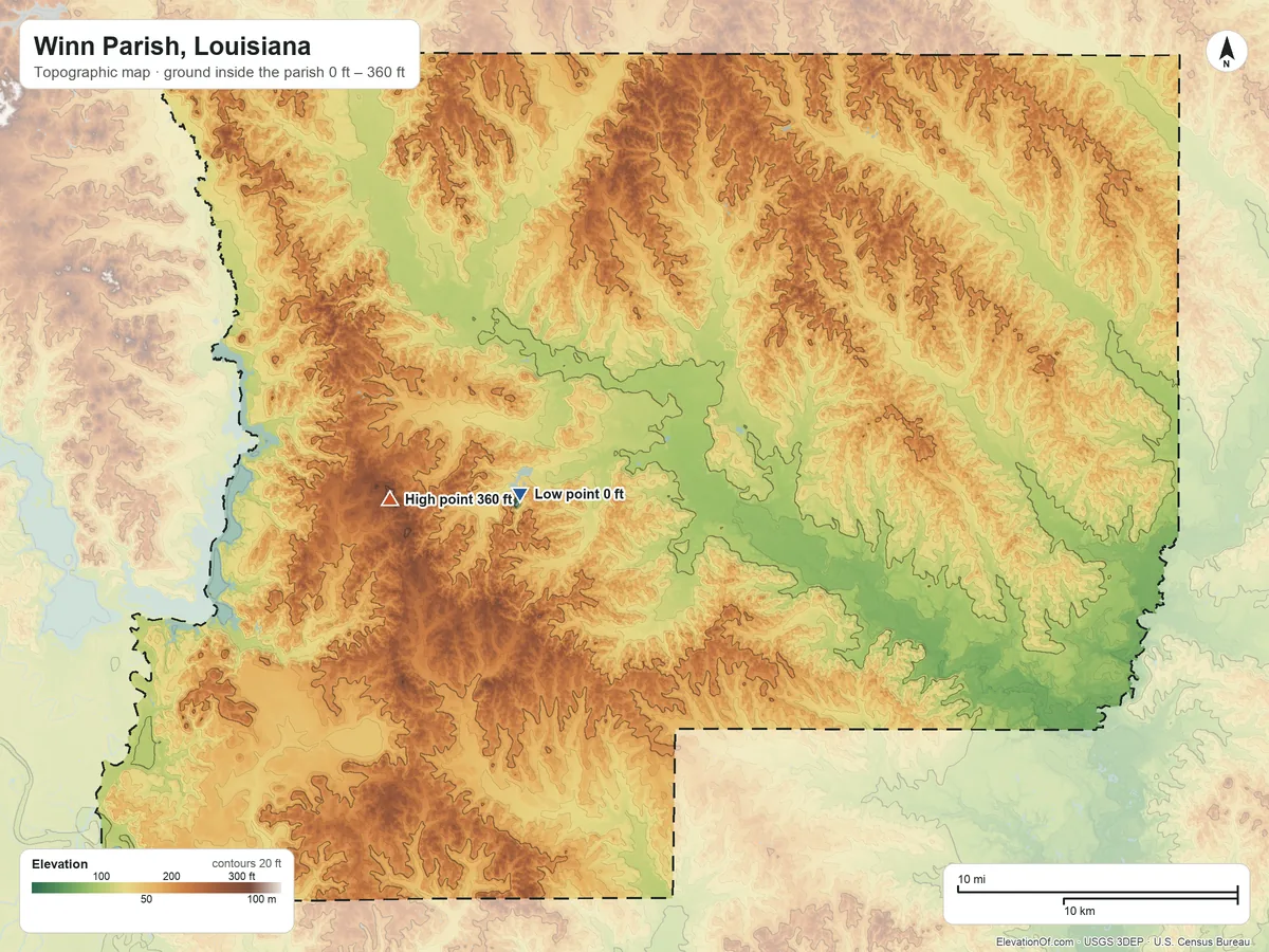 Topographic elevation map of Winn Parish, Louisiana, shaded from 0 ft near the middle to 360 ft on the west side