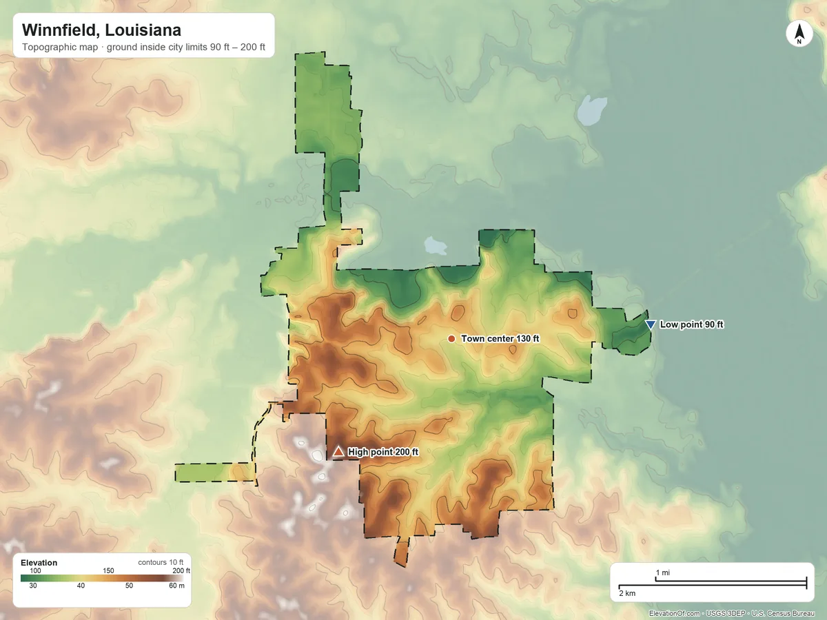 Topographic elevation map of Winnfield, Louisiana, shaded from 90 ft on the east side to 200 ft on the southwest side