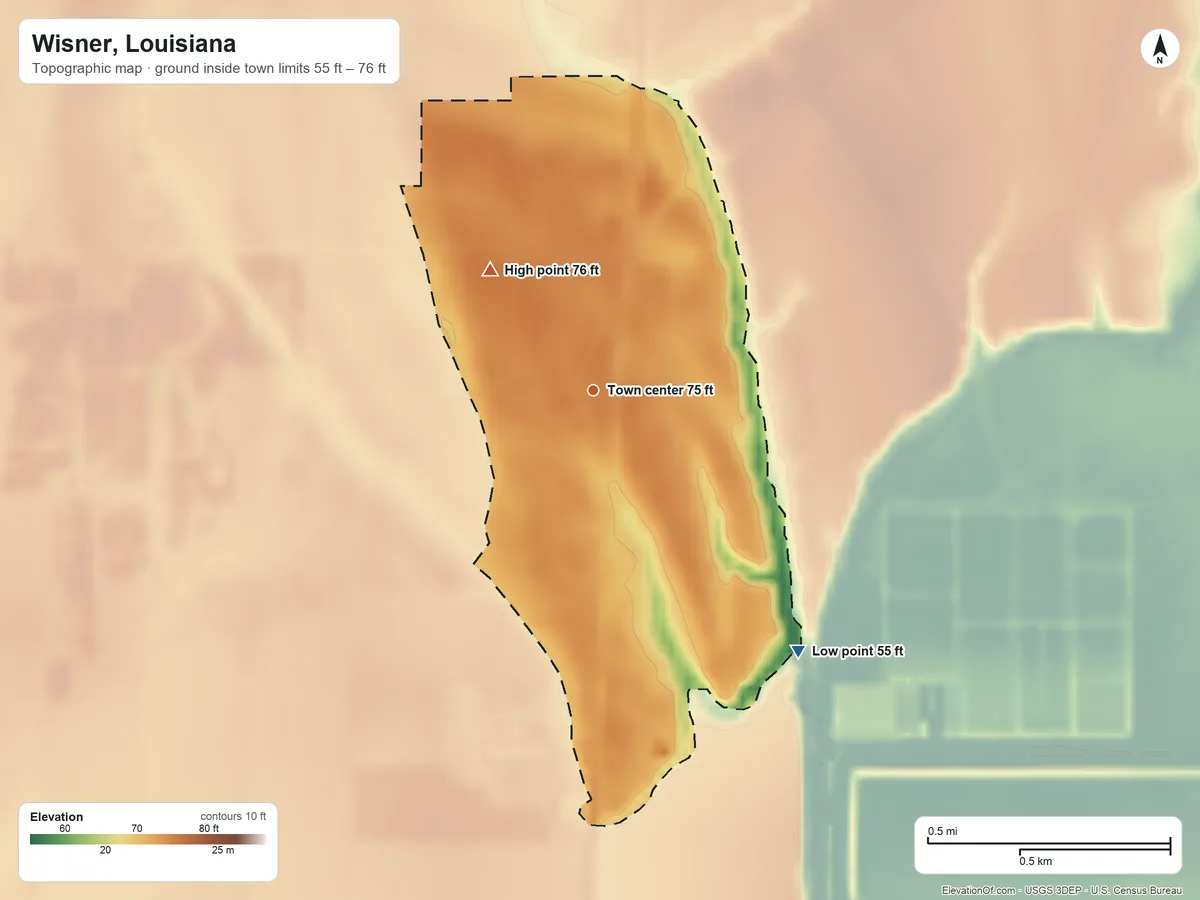 Topographic elevation map of Wisner, Louisiana, shaded from 55 ft on the southeast side to 76 ft on the northwest side