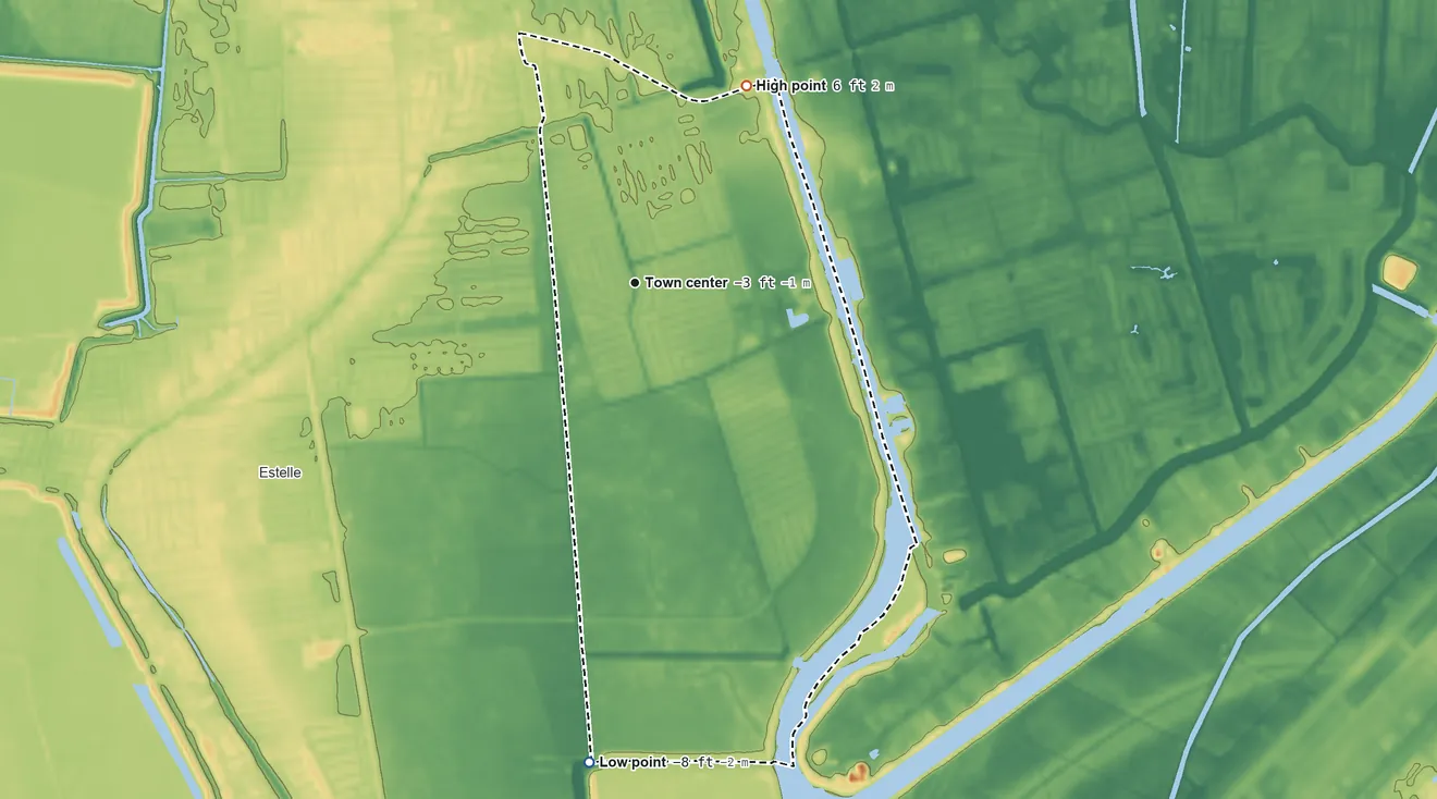 Topographic elevation map of Woodmere, Louisiana, shaded from −8 ft on the south side to 6 ft on the northeast side