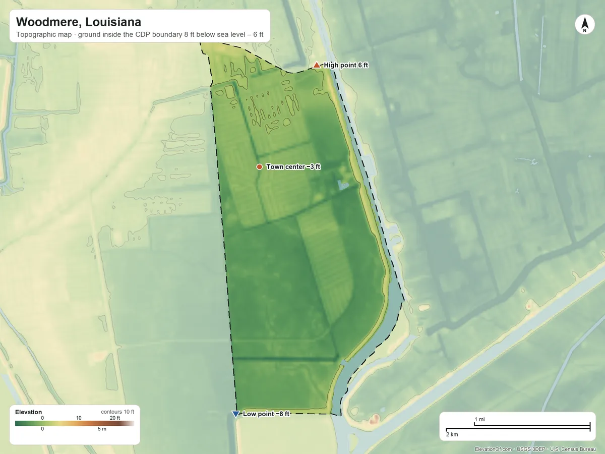 Topographic elevation map of Woodmere, Louisiana, shaded from −8 ft on the south side to 6 ft on the northeast side