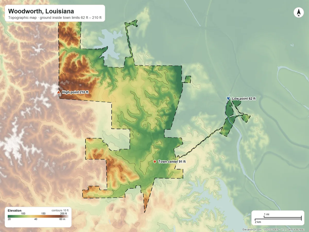 Topographic elevation map of Woodworth, Louisiana, shaded from 62 ft on the northeast side to 210 ft on the northwest side
