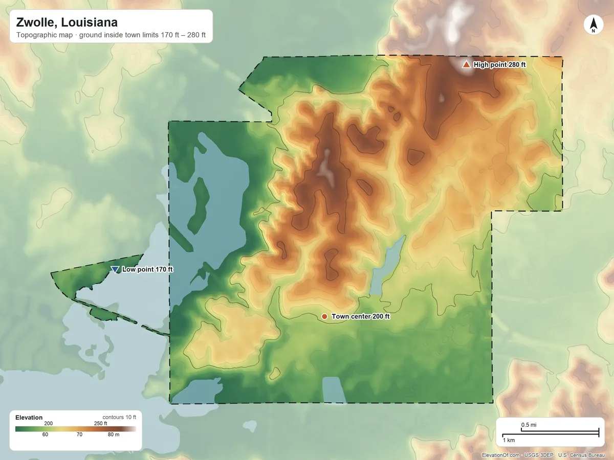 Topographic elevation map of Zwolle, Louisiana, shaded from 170 ft on the west side to 280 ft on the northeast side