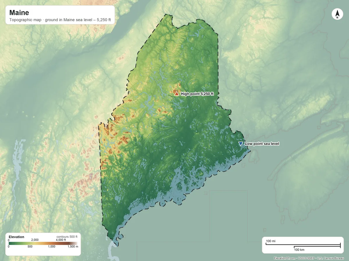 Topographic elevation map of Maine, shaded from sea level on the Pennamaquan River to 5,250 ft on Mount Katahdin