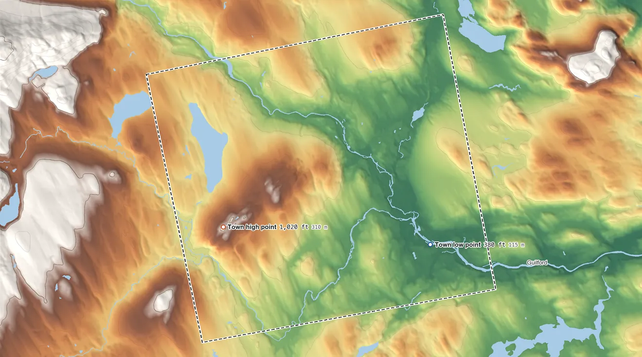 Topographic elevation map of Abbot, Maine, shaded from 380 ft on the southeast side to 1,020 ft on Brown Hill
