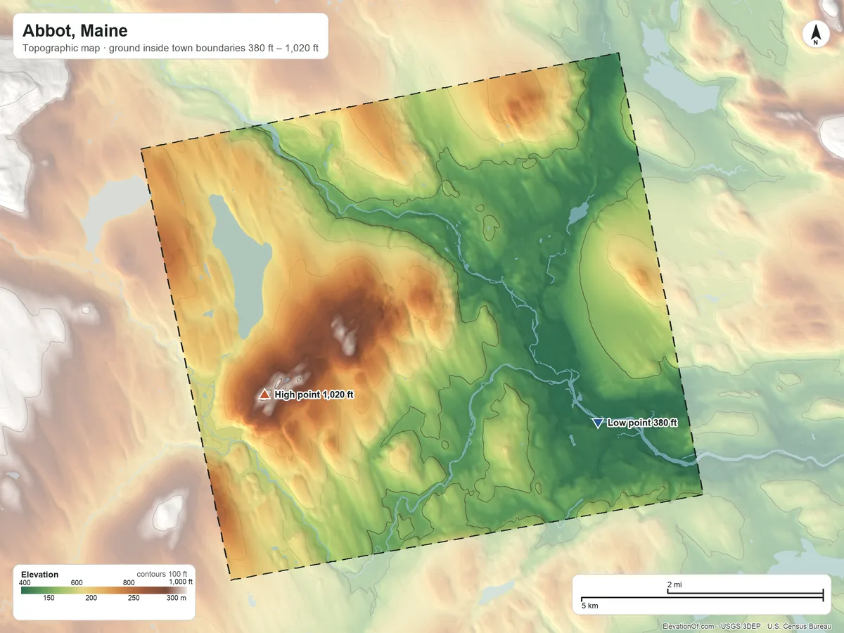 Topographic elevation map of Abbot, Maine, shaded from 380 ft on the southeast side to 1,020 ft on Brown Hill