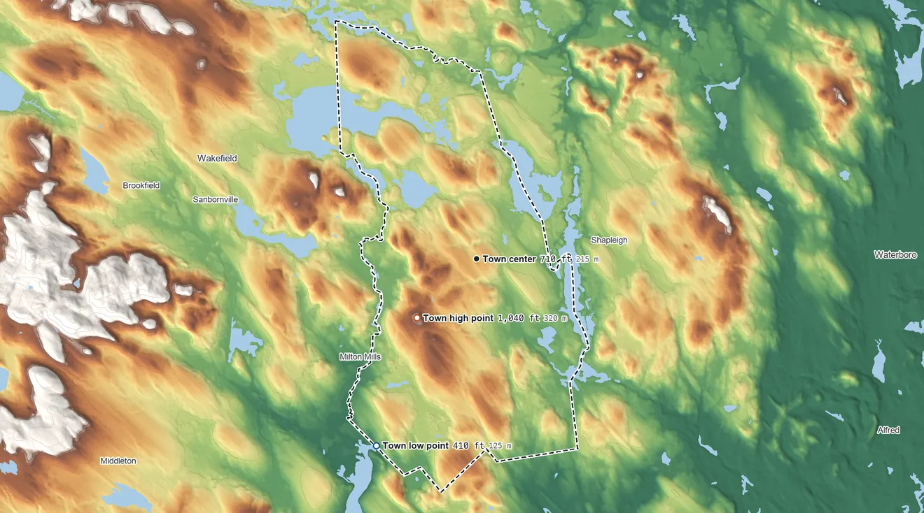 Topographic elevation map of Acton, Maine, shaded from 410 ft on the southwest side to 1,045 ft on Hussey Hill