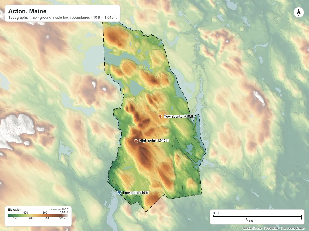 Topographic elevation map of Acton, Maine, shaded from 410 ft on the southwest side to 1,045 ft on Hussey Hill