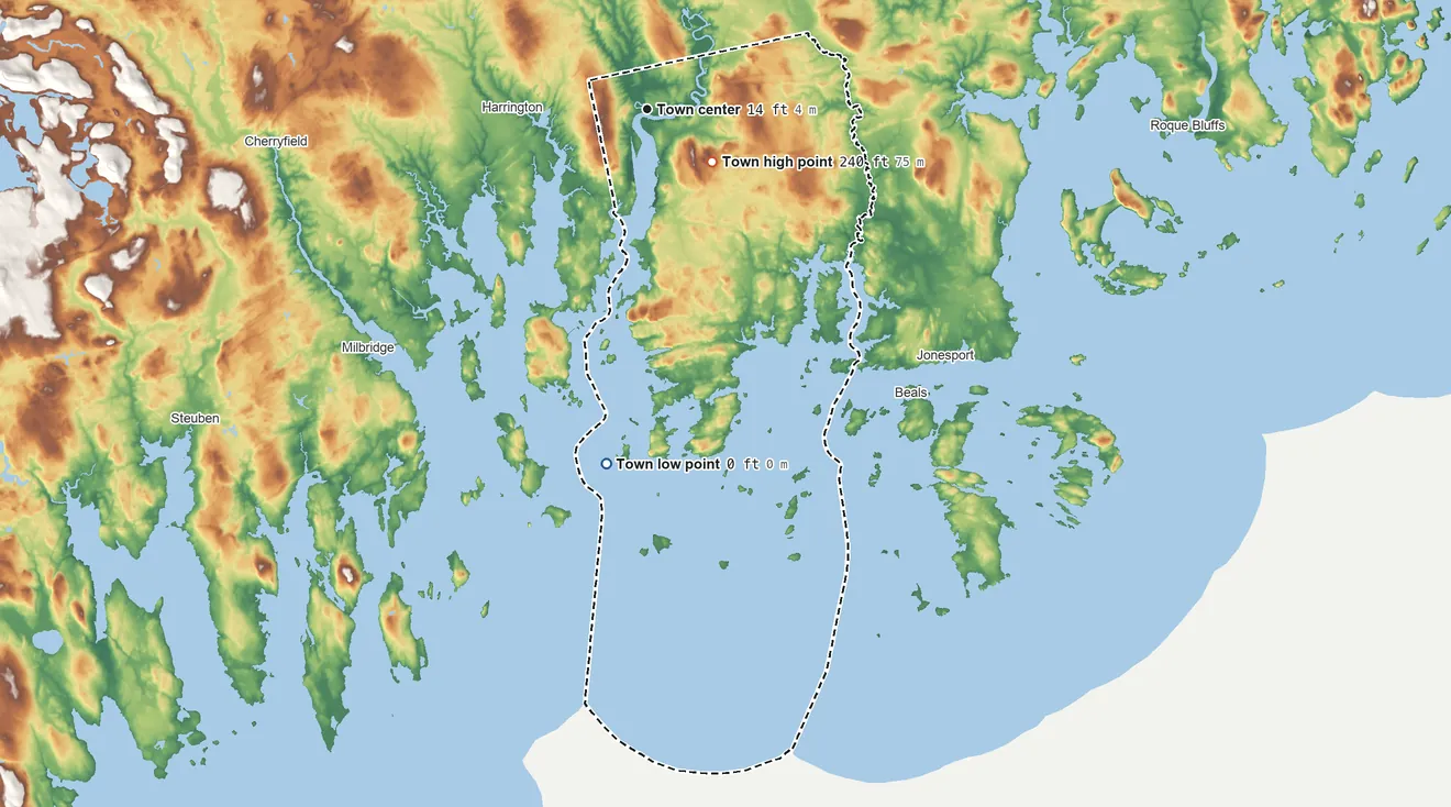 Topographic elevation map of Addison, Maine, shaded from sea level level on Pleasant Bay to 240 ft on Porcupine Hill