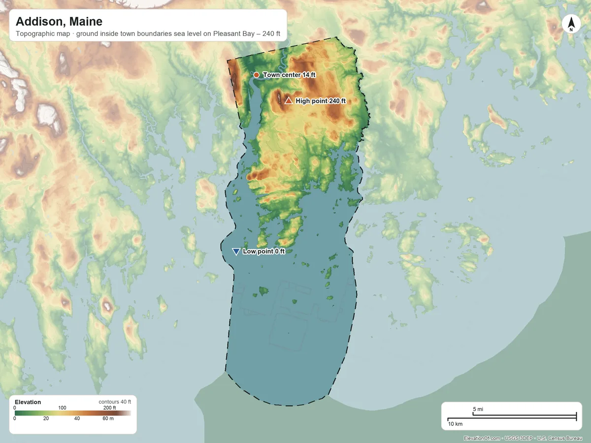 Topographic elevation map of Addison, Maine, shaded from sea level level on Pleasant Bay to 240 ft on Porcupine Hill