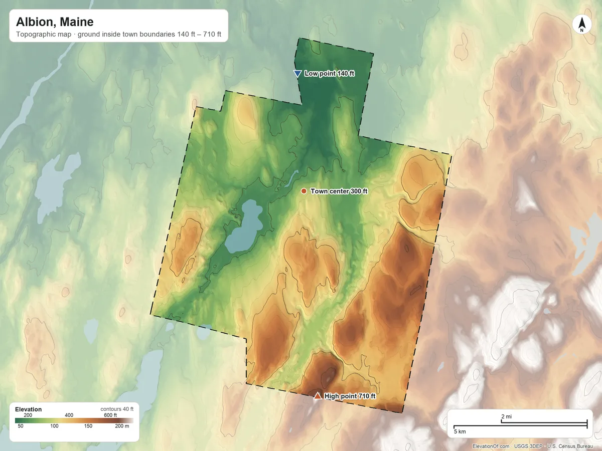 Topographic elevation map of Albion, Maine, shaded from 140 ft on the north side to 710 ft on the south side