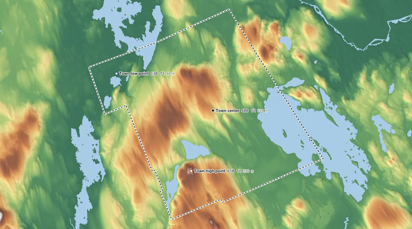 Topographic elevation map of Alexander, Maine, shaded from 130 ft on the west side to 650 ft on Breakneck Mountain